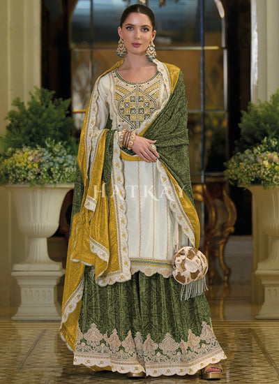 White And Green Multi Embroidery Sharara Suit