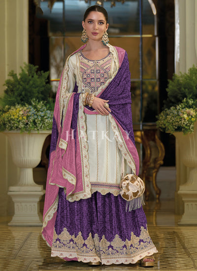 White And Purple Multi Embroidery Sharara Suit
