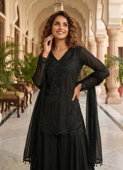 Black Sequins Embroidered Sharara Style Suit