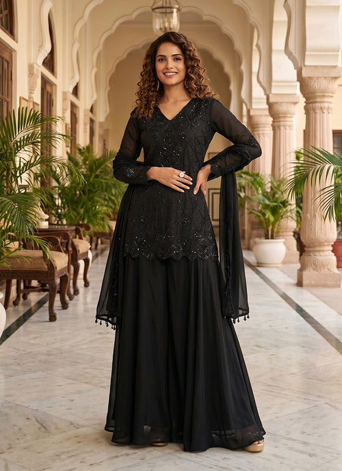 Black Sequins Embroidered Sharara Style Suit