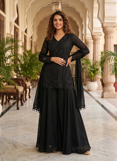 Black Sequins Embroidered Sharara Style Suit