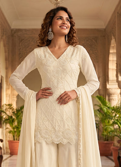 Off White Sequins Embroidered Sharara Style Suit