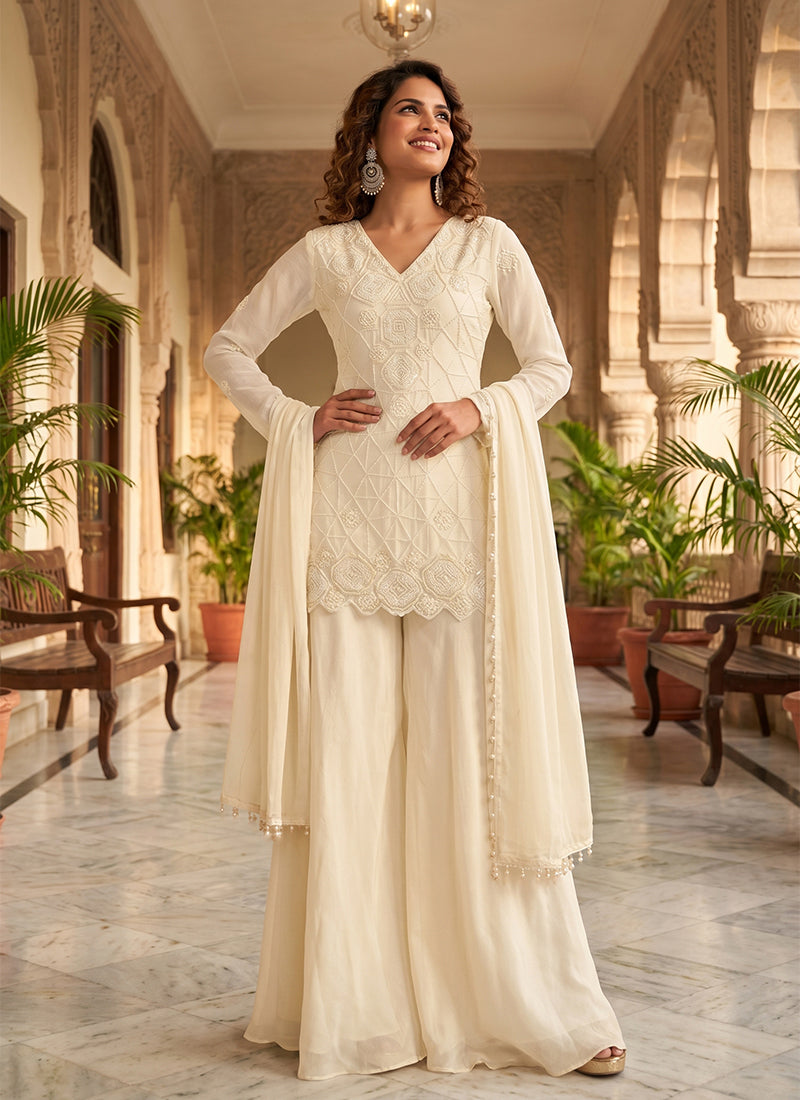 Off White Sequins Embroidered Sharara Style Suit