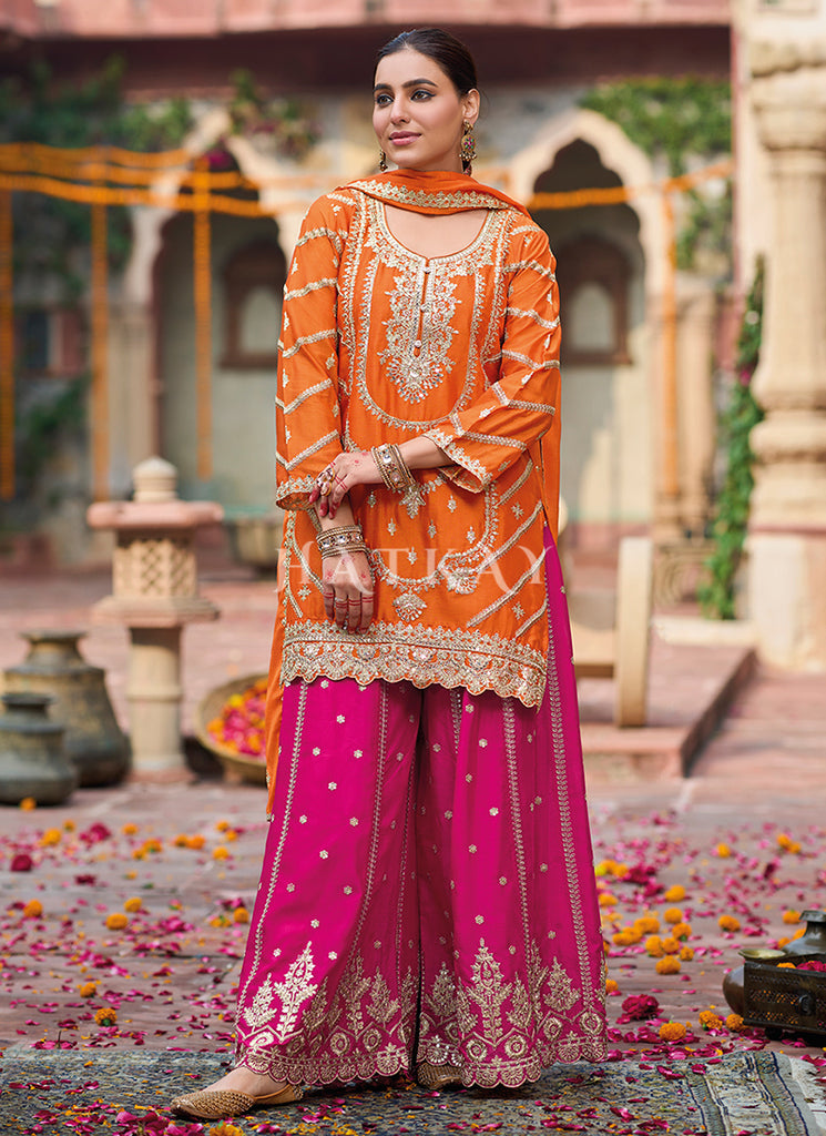 Buy Orange And Magenta Embroidery Sharara Style Suit Online | Hatkay Buy Orange And Magenta Embroidery Sharara Style Suit Online | Hatkay