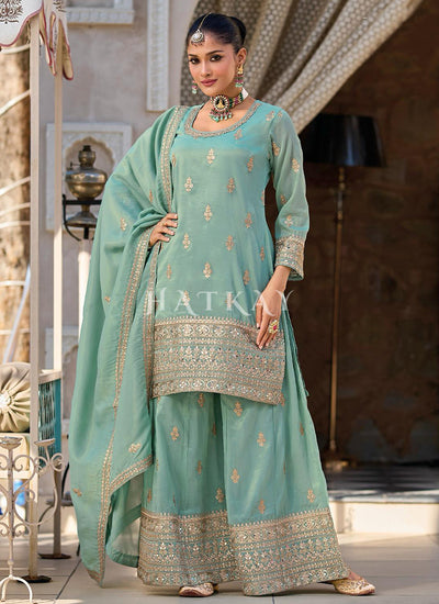 Sky Blue Embroidered Sharara Suit