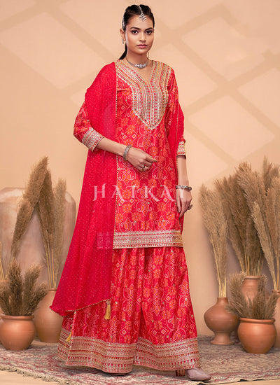 Red Mirror Embroidery Bandhani Printed Sharara Suit