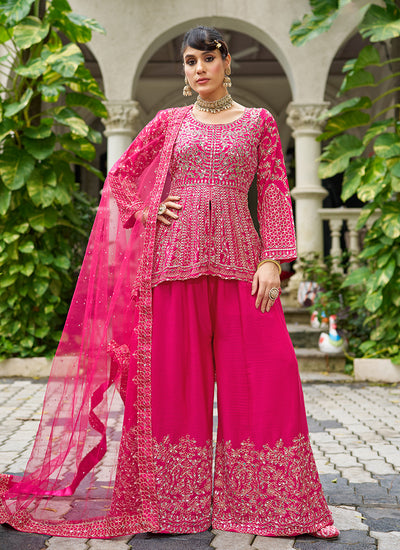 Hot Pink Mirror Work Embroidered Peplum Sharara Suit