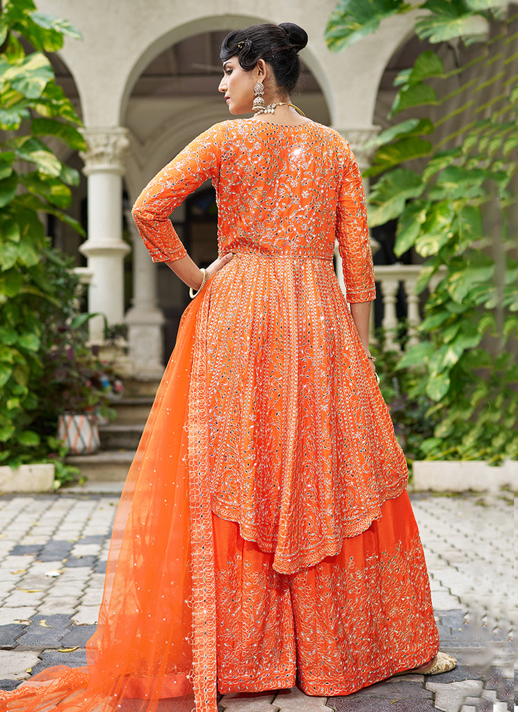 Buy Orange Mirror Work Embroidered Peplum Sharara Suit Online in Canada | Hatkay Buy Orange Mirror Work Embroidered Peplum Sharara Suit Online in Canada | Hatkay