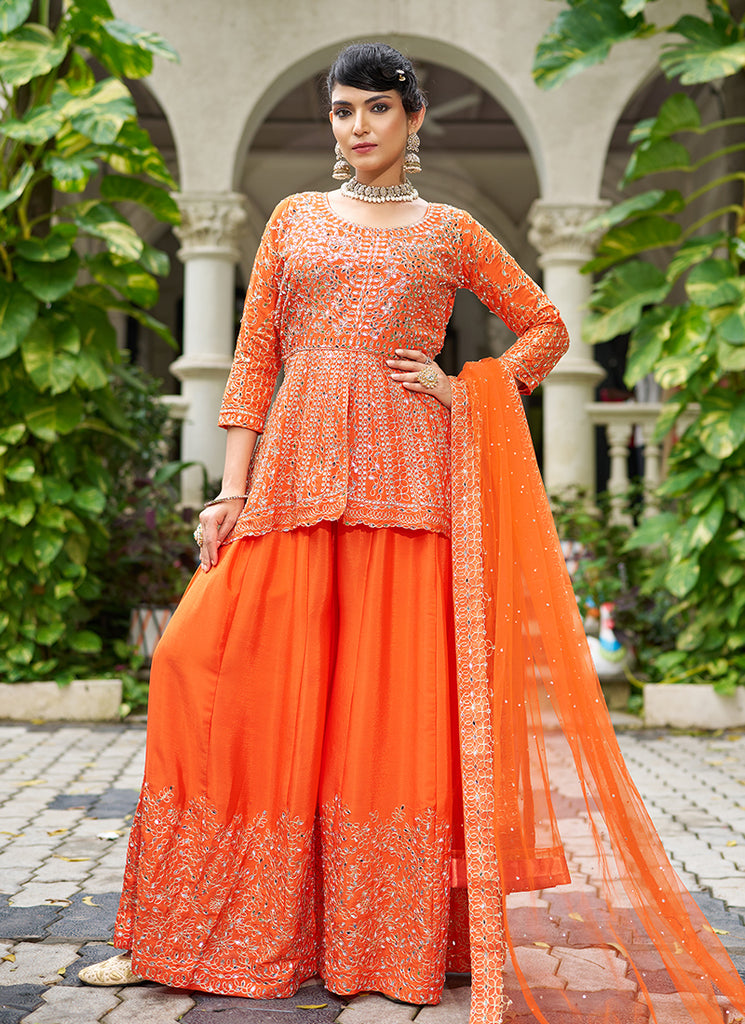 Orange Mirror Work Embroidered Peplum Sharara Suit
