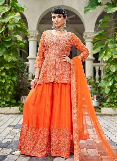 Orange Mirror Work Embroidered Peplum Sharara Suit