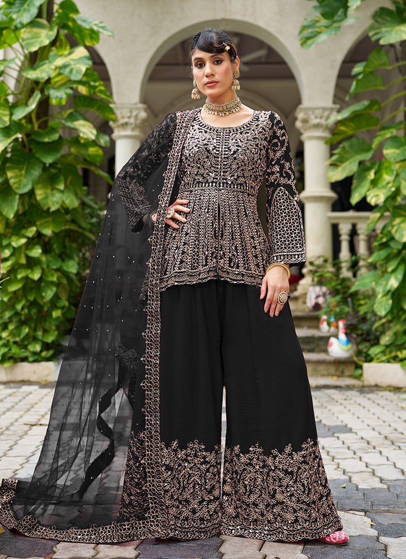 Black Mirror Work Embroidered Peplum Sharara Suit