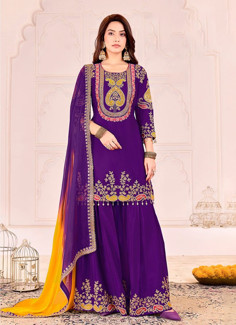 Purple Multi Embroidery Sharara Suit