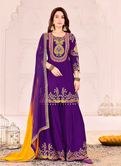 Purple Multi Embroidery Sharara Suit