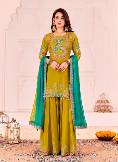 Olive Green Multi Embroidery Sharara Suit