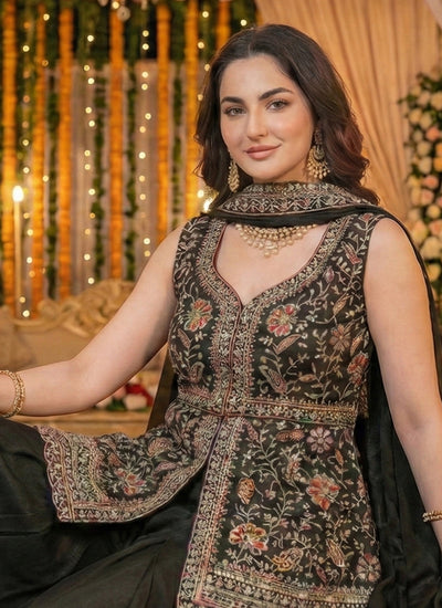 Black Embroidered Designer Peplum Palazzo Suit