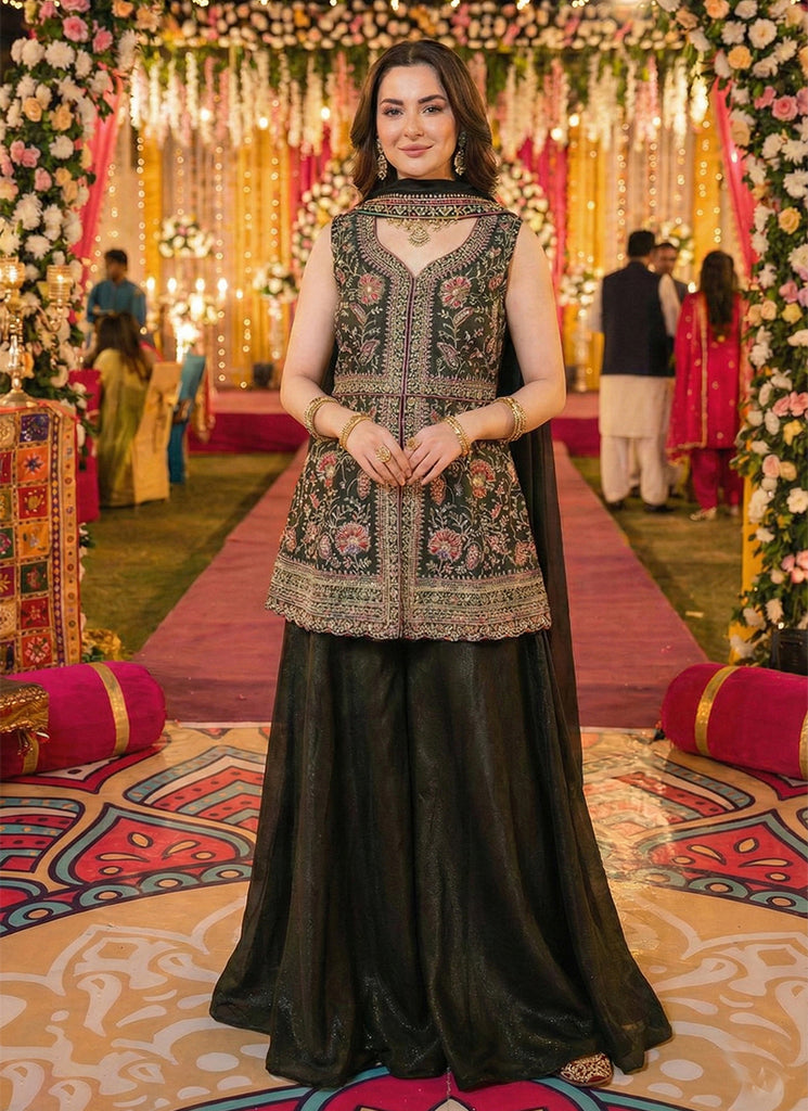 Black Embroidered Designer Peplum Palazzo Suit