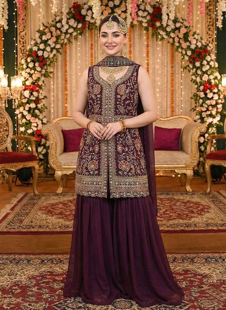 Wine Embroidered Designer Peplum Palazzo Suit