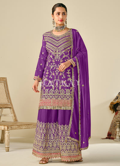 Purple Reshamkari Embroidery Sharara Suit
