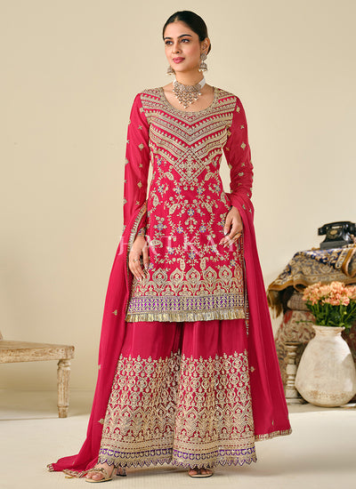 Red Reshamkari Embroidery Sharara Suit