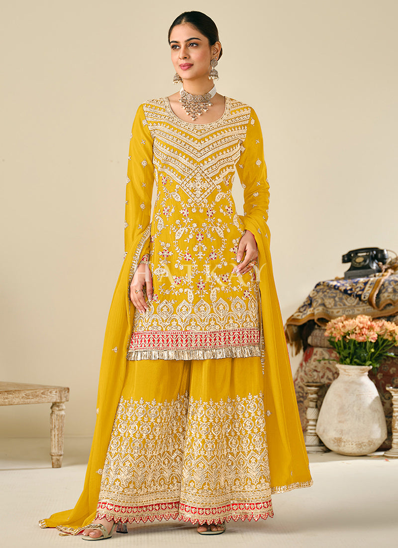 Yellow Reshamkari Embroidery Sharara Suit