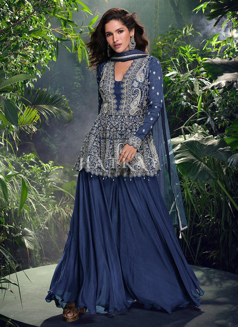 Rich Blue Embroidery Sharara Suit