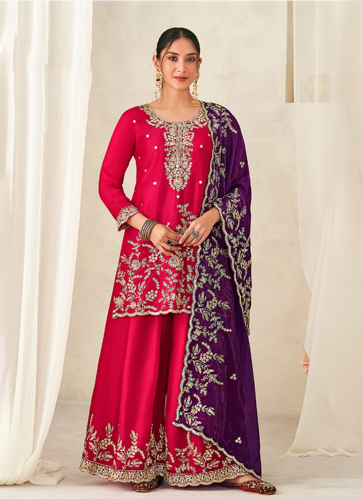 Crimson and Purple Embroidered Silk Sharara Suit
