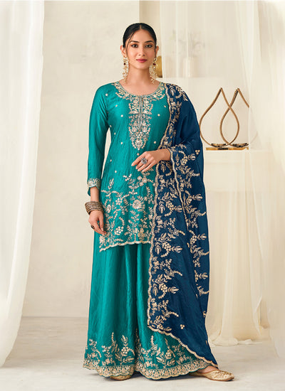 Teal and Blue Embroidered Silk Sharara Suit