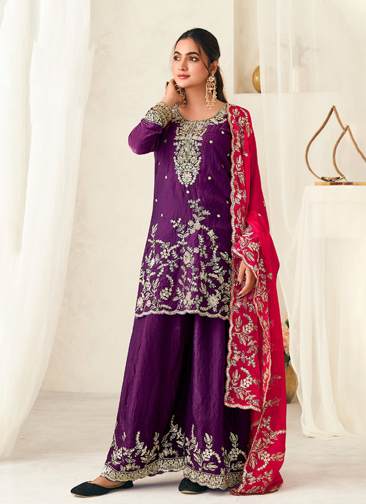 Purple and Red Embroidered Silk Sharara Suit