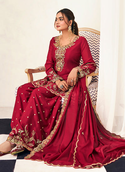 Crimson Embroidered Silk Sharara Suit