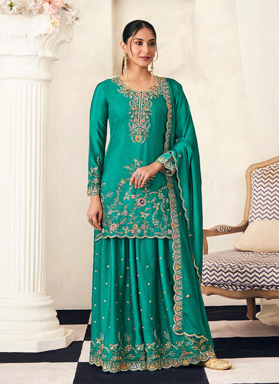 Teal Green Embroidered Silk Sharara Suit