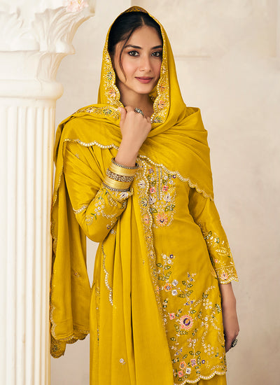 Yellow Embroidered Silk Sharara Suit