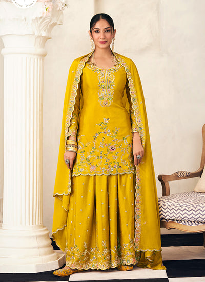 Yellow Embroidered Silk Sharara Suit