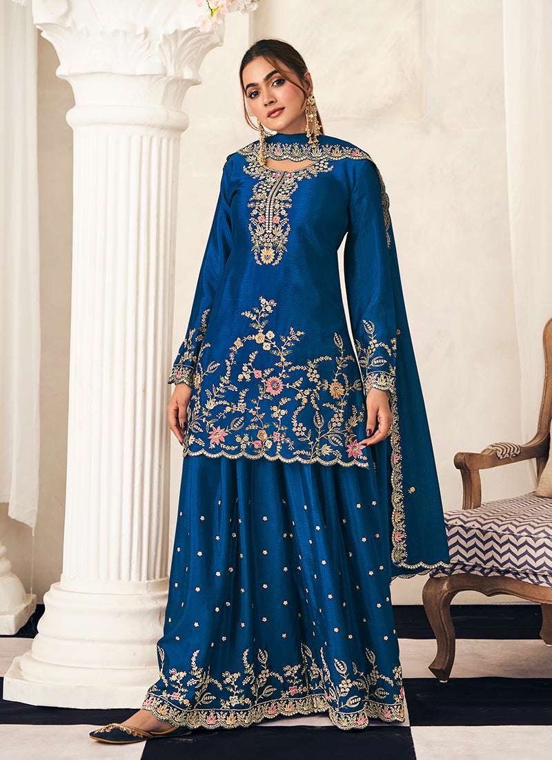 Royal Blue Embroidered Silk Sharara Suit