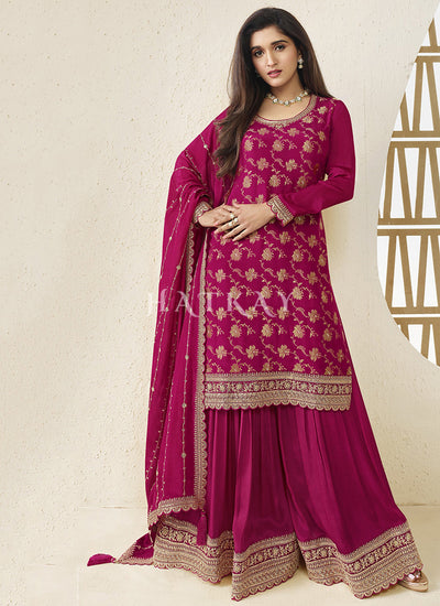 Magenta Embroidered Sharara Style Suit