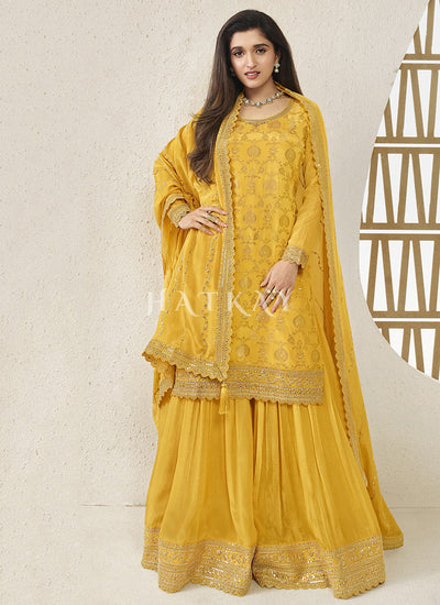 Yellow Embroidered Sharara Style Suit