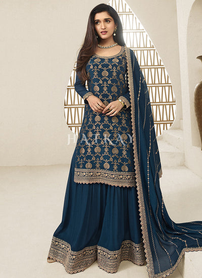 Dark Blue Embroidered Sharara Style Suit