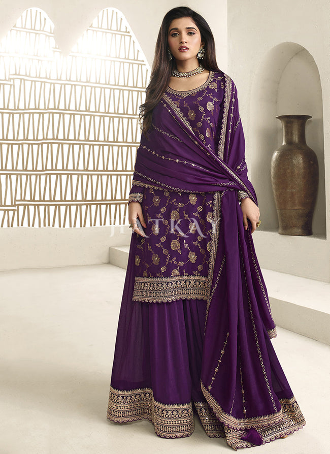 Deep Purple Embroidered Sharara Style Suit