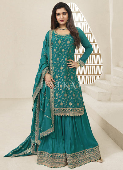 Turquoise Embroidered Sharara Style Suit