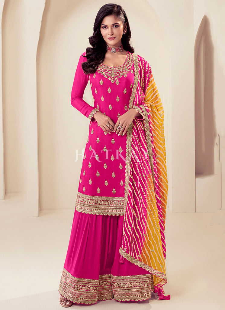 Pink Bollywood Sharara Suit Party Wear Eid Special Hot Pink Embroidered Sharara Suit Mirror Work Indian Pink Bollywood Sharara Suit Party Wear Eid Special Hot Pink Embroidered Sharara Suit Mirror Work Indian