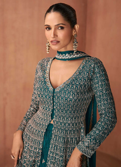 Turquoise Embroidery Slit Style Anarkali Sharara Suit