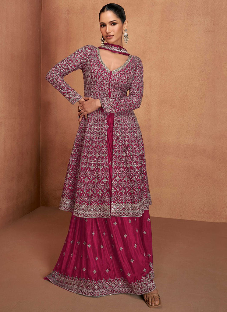 Magenta Pink Embroidery Slit Style Anarkali Sharara Suit
