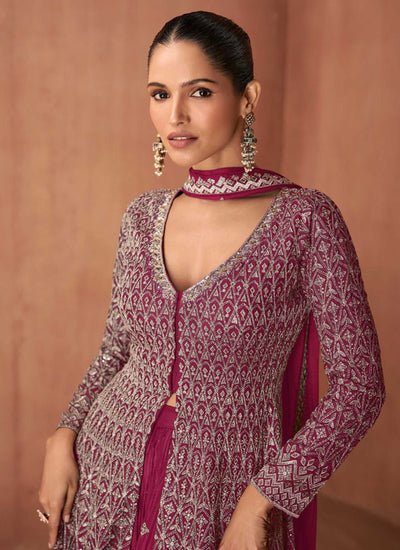 Magenta Pink Embroidery Slit Style Anarkali Sharara Suit
