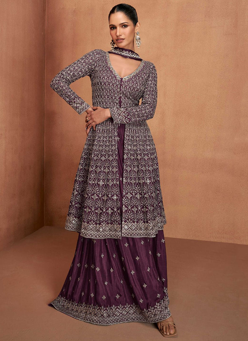 Deep Wine Embroidery Slit Style Anarkali Sharara Suit