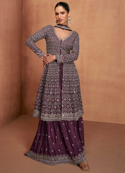Deep Wine Embroidery Slit Style Anarkali Sharara Suit