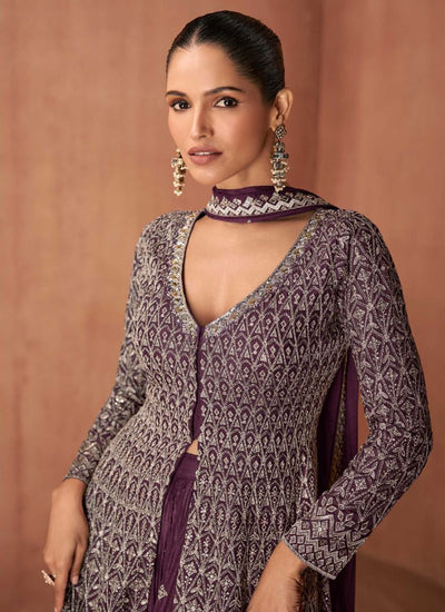Deep Wine Embroidery Slit Style Anarkali Sharara Suit
