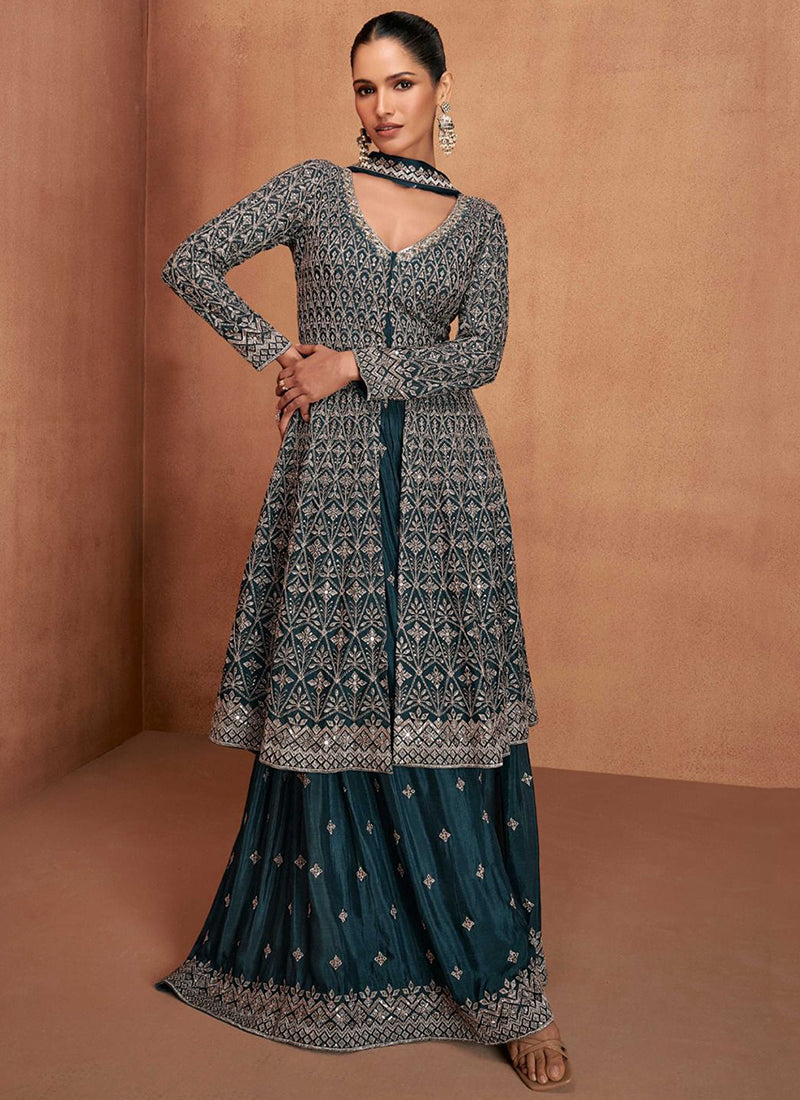 Teal Embroidery Slit Style Anarkali Sharara Suit