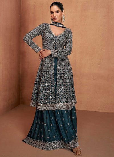 Teal Embroidery Slit Style Anarkali Sharara Suit