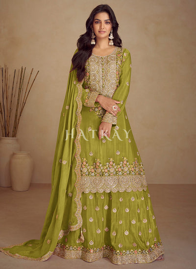 Lime Green Embroidered Sharara Suit