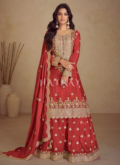 Bridal Red Embroidered Sharara Suit
