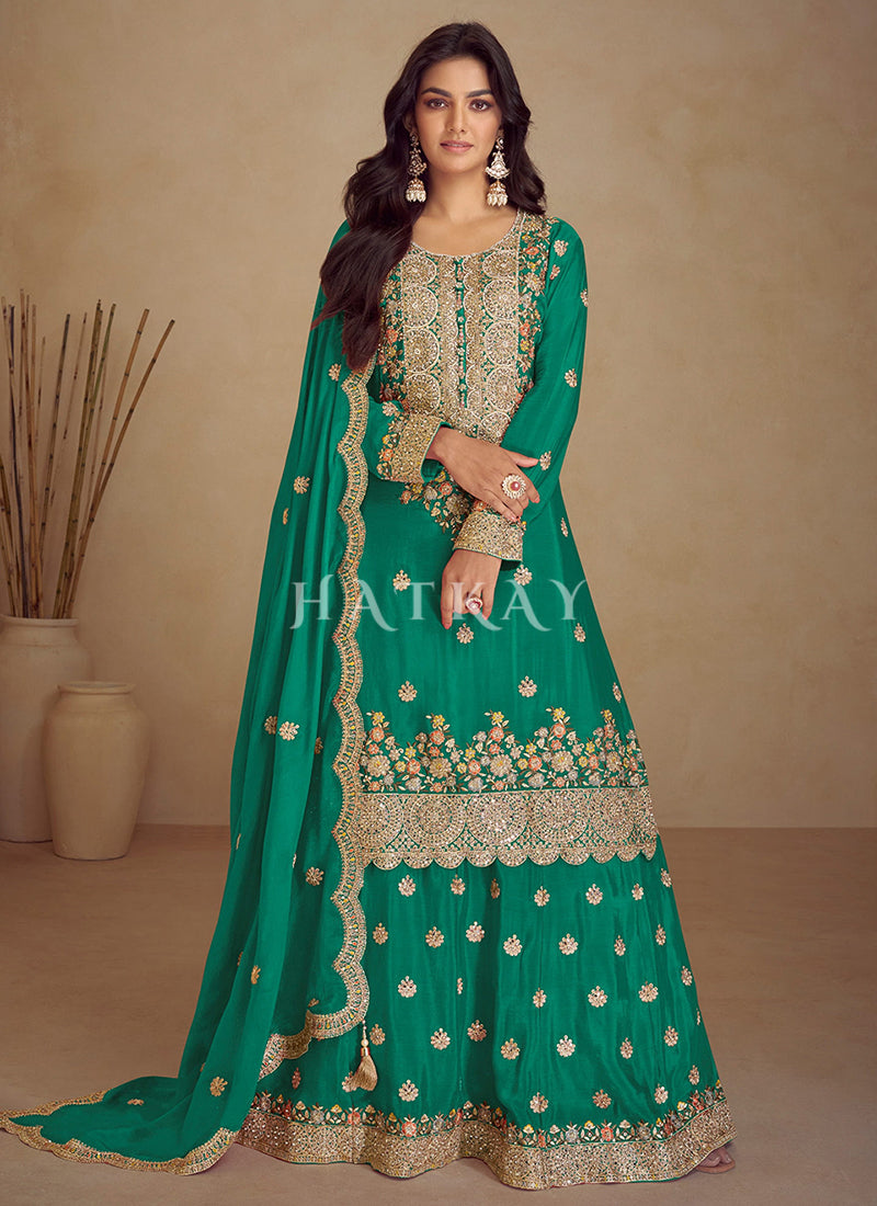 Green Embroidered Sharara Suit